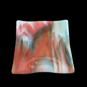 Fused Orange Green White Streaks Fused Art Glass Platter.  9 X 9" Square